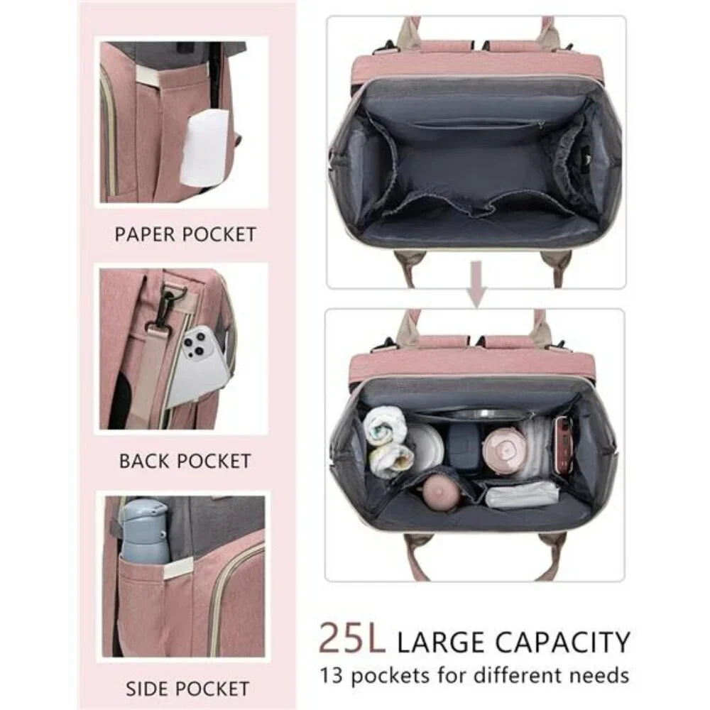 Large Diaper Bag Backpack with Changing Station Travel Baby Bag Pink for Girls
